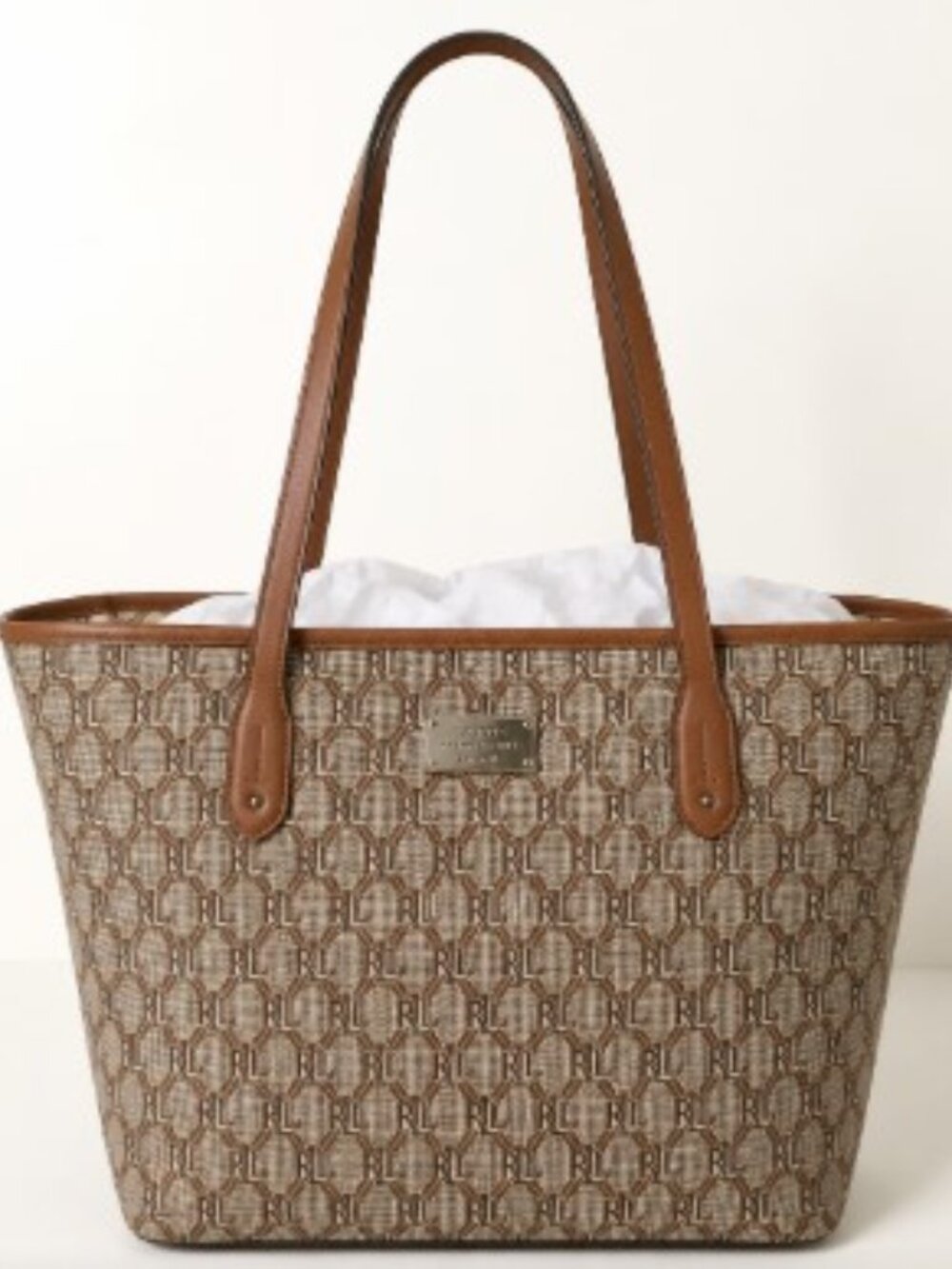 Lauren Ralph Lauren LRL Signature Monogram Brown Jacquard Tote Shoulder Bag
